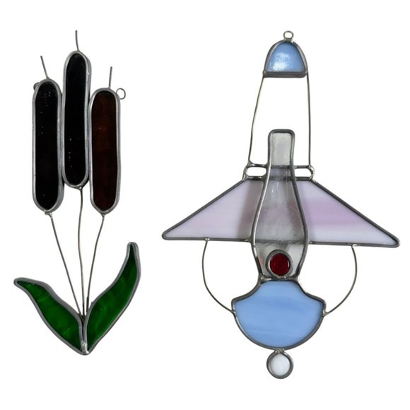 Stained Glass Lantern Cattail Suncatcher Set Camping Fishing Cabin Outdoor - Picture 2 of 8